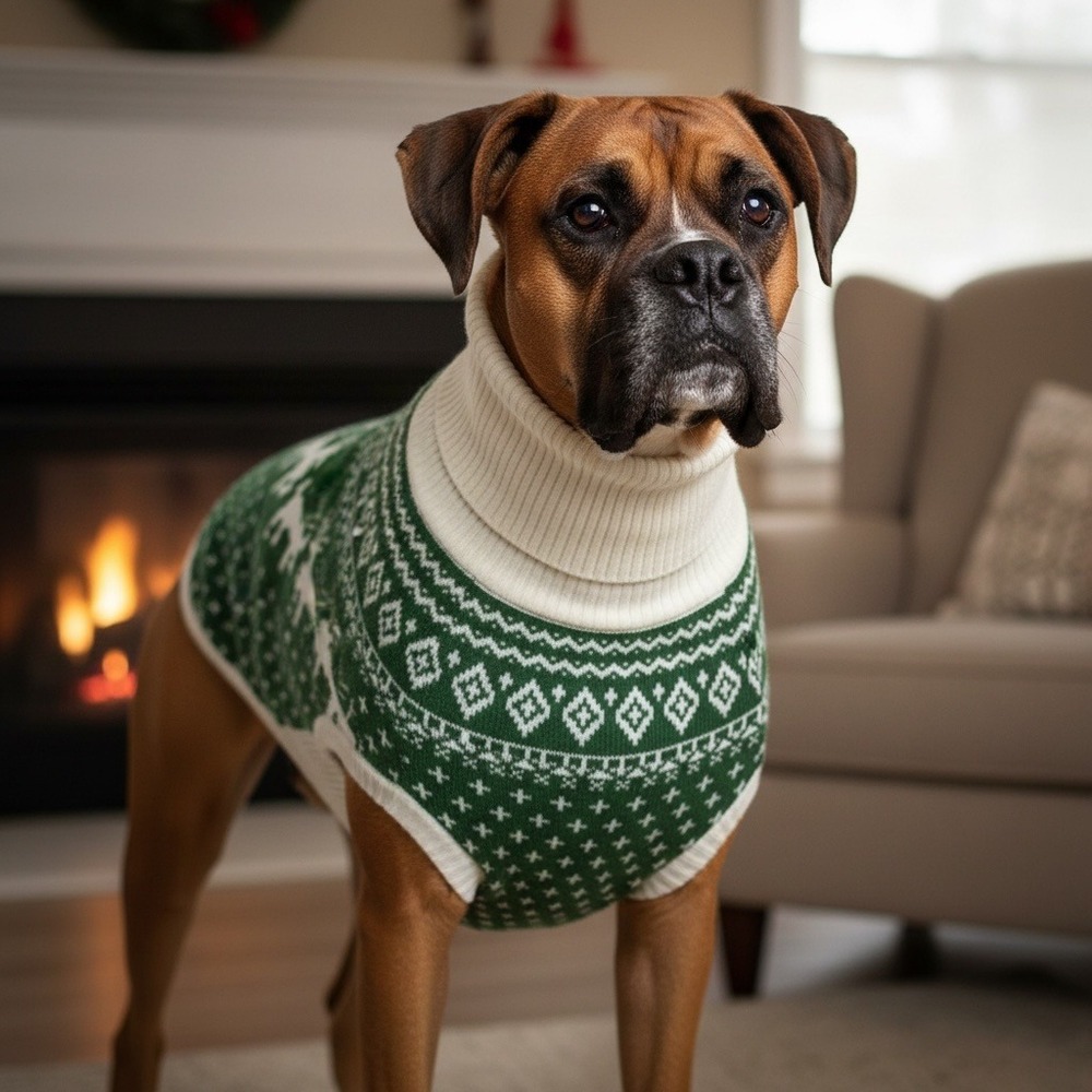 Green White Reindeer Fair Isle Knit Pet Dog Turtleneck Sweater XL Holiday